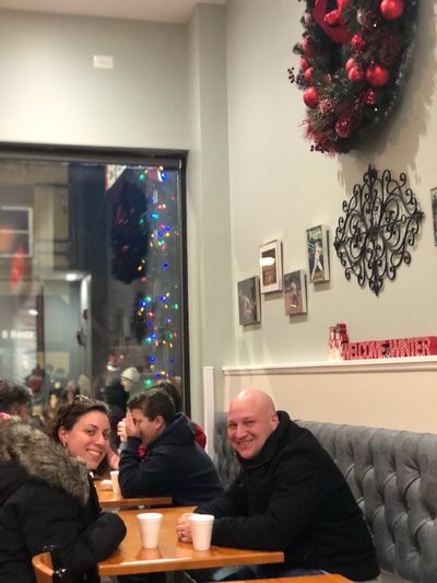 Hot chocolates under the wreath.